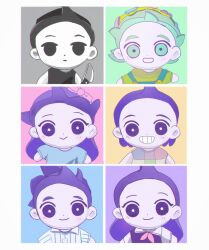  2girls 4boys :d aubrey_(headspace)_(omori) aubrey_(omori) bangs_blown_up bare_shoulders basil_(headspace)_(omori) basil_(omori) black_eyes black_hair black_shirt blue_background blue_shirt border bow bright_pupils brother_and_sister brothers character_doll checkered_clothes checkered_shirt chromatic_aberration closed_mouth collared_shirt commentary doll dot_nose empty_eyes expressionless film_grain forehead gimu108 green_background green_eyes green_hair grey_background grin hair_behind_ear hair_bow hero_(headspace)_(omori) hero_(omori) highres holding holding_knife kel_(headspace)_(omori) kel_(omori) knife long_hair long_sleeves mari_(headspace)_(omori) mari_(omori) multiple_boys multiple_girls neckerchief no_pupils omori omori_(omori) pink_background pink_bow pink_neckerchief pinstripe_pattern pinstripe_shirt protected_link purple_background purple_hair purple_sweater_vest shirt short_hair siblings simple_background sleeveless sleeveless_shirt smile straight_hair sweater_vest symbol-only_commentary upper_body very_short_hair violet_eyes white_border white_pupils white_shirt yellow_background 