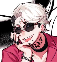  1boy :d black_background black_choker black_nails choker eyes_visible_through_eyewear fang hand_on_own_cheek hand_on_own_face highres jewelry looking_to_the_side male_focus multiple_rings neck_tattoo open_mouth pavia_(reverse:1999) penthepen_jt portrait red_shirt reverse:1999 ring shirt short_hair smile solo sunglasses tattoo teeth two-tone_background white_background white_hair 