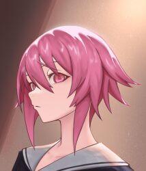  1girl chaos;child closed_mouth expressionless hair_between_eyes hekiho_academy_school_uniform highres looking_at_viewer onoe_serika pink_eyes pink_hair portrait sailor_collar school_uniform science_adventure serafuku short_hair solo turnipdish upper_body white_sailor_collar 