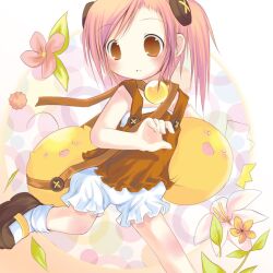  1girl 2000s_(style) 2others :d ahoge ball bare_shoulders blush brown_overalls brown_shoes button_hair_ornament buttons canihavepromo child creature female female_child flower hair_ornament leaves legs loli moe open_mouth orange_eyes original overalls pale_skin pigtails pink_flower pink_hair plant puffy_shorts running shoes shorts sleeveless socks twintails white_flower white_shorts white_socks yellow_flower 