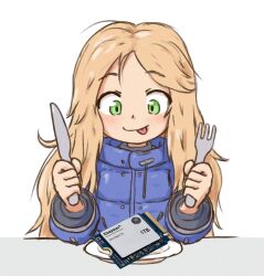  1girl beachepisode blonde_hair blue_jacket closed_mouth diana_(pragmata) fork green_eyes highres holding holding_fork holding_knife jacket knife licking_lips long_hair looking_at_object plate pragmata smile solid_state_drive solo tongue tongue_out upper_body 