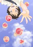  brown_hair food fruit konno_makoto peach peaches short_hair sky surprise surprised toki_wo_kakeru_shoujo upside-down 