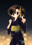  brown_hair hair_ribbon hair_ribbons japanese_clothes kimono kokono_coco point pointing ribbon ribbons yukata 