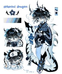  1boy adoptable animal_ears animal_feet black_hair blue_eyes blue_skin chibi color_guide colored_skin dilnyan03 dragon_boy dragon_horns dragon_tail eastern_dragon_horns eastern_dragon_tail english_commentary fingernails full_body highres horns male_focus monster_boy multiple_horns multiple_views original reference_sheet sharp_fingernails short_hair simple_background slit_pupils solo tail white_background 