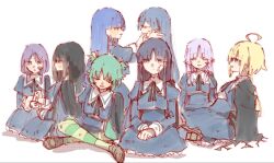  6+girls ahoge akashi_manaka amano_soraha aoki_kaho applying_bandages arms_at_sides assault_lily bandaged_wrist bandages bandaid bandaid_on_cheek bandaid_on_face banshouya_ena black_cape black_hair black_skirt blonde_hair blue_eyes blue_hair bow brown_shoes cape closed_mouth commentary cropped_jacket facing_another flower frilled_skirt frills gauze gauze_on_cheek green_cape green_hair green_theme hair_bow hair_flower hair_ornament hair_ribbon hairclip hand_on_another&#039;s_cheek hand_on_another&#039;s_face hand_up hands_on_lap high-waist_skirt highres horizontal-striped_thighhighs indian_style juliet_sleeves leaning_back loafers long_hair long_sleeves looking_at_another low-tied_sidelocks low_ponytail low_twintails multiple_girls open_mouth own_hands_together parted_lips pink_bow pink_flower ponytail profile puffy_sleeves purple_hair ribbon rui_rui_rui0122 school_uniform shirai_yuyu shoes side_cape sidelocks simple_background sitting skirt smile taniguchi_hijiri twintails two-sided_cape two-sided_fabric two_side_up violet_eyes watanabe_akane white_background yellow_eyes yellow_ribbon yoshimura_thi_mai yurigaoka_girls_academy_school_uniform 