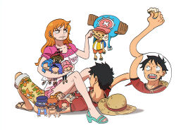  1boy 1girl aqua_sandals bare_arms bare_legs bellemere black_hair breasts character_doll closed_mouth curly_dadan devil_fruit_power doll earrings elasticity extendable_limbs floral_print full_body genzo_(one_piece) girl_on_top hat highres holding holding_doll jewelry large_breasts long_hair lying monkey_d._garp monkey_d._luffy nami_(one_piece) nefertari_vivi nervous_sweating nojiko_(one_piece) official_alternate_costume on_back one_piece open_mouth orange_hair pink_shirt pink_skirt portgas_d._ace print_shorts red_shirt sabo_(one_piece) sandals scar scar_on_cheek scar_on_face shampowrado shanks_(one_piece) shirt short_sleeves shorts sitting sitting_on_person skirt straw_hat stud_earrings stuffed_toy sweat tony_tony_chopper unworn_hat unworn_headwear wavy_hair white_background yellow_shorts 