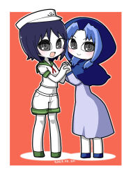  2girls :d anchor_symbol black_eyes black_hair blue_dress blue_hair blue_hood blue_shoes blush closed_mouth colored_skin commentary_request cookie_(touhou) dated dress flour_(cookie) full_body green_shoes hat highres holding_hands hood hood_up itini-sanshi kumoi_ichirin long_sleeves looking_at_viewer milk_(cookie) multiple_girls murasa_minamitsu open_mouth orange_background ringed_eyes sailor_hat shirt shoes short_hair short_sleeves shorts smile standing touhou two-tone_background white_hat white_shirt white_shorts white_skin 