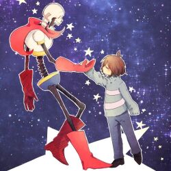  1boy 1other 2018 2d ambiguous_gender armor blue_pants blue_shorts blue_sweater boots brown_hair brown_shoes cape child digital_media double_horizontal_stripe duo frisk_(undertale) full_body gloves height_difference her_bst holding_hands horizontal-striped_clothes human humanoid male monster monster_boy open_mouth outline pants papyrus_(undertale) pink_stripes red_boots red_cape red_gloves shoes short_hair shorts skeleton sky star_(symbol) starry_sky starry_sky_background striped_clothes striped_sweater sweater teeth two-tone_sweater undead undertale utdr_(toby_fox) white_armor white_outline |_| 
