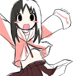  1girl :d azumanga_daioh azumanga_daioh's_school_uniform azumanga_daiou black_hair blush blush_stickers brown_eyes brown_skirt canihavepromo jump kasuga_ayumu long_sleeves medium_hair open_mouth pale_skin pink_shirt pink_sleeves school_uniform shirt simple_background skirt solo stomach white_background 