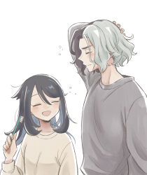  1boy 1girl alternate_costume amethio_(pokemon) blush closed_eyes closed_mouth colored_inner_hair grey_hair grey_shirt hand_in_own_hair highres holding holding_toothbrush liko_(pokemon) long_sleeves messy_hair multicolored_hair oka_3776 open_mouth pokemon pokemon_(anime) pokemon_horizons shirt simple_background sketch smile toothbrush two-tone_hair upper_body white_background white_shirt 