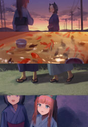  2girls absurdres alternate_costume animal_ears black_sash blue_kimono blush brown_hair closed_eyes ear_covers fish goldfish highres horse_ears horse_girl horse_tail japanese_clothes kimono long_hair looking_at_viewer multicolored_hair multiple_girls obi open_mouth orange_hair red_sash sandals sash seikatsu short_hair sidelocks silence_suzuka_(umamusume) special_week_(umamusume) tail two-tone_hair umamusume white_hair white_kimono yukata 