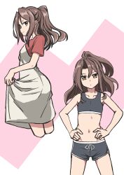  1girl absurdres brown_eyes brown_hair dolphin_shorts dress flat_chest grey_sports_bra hands_on_own_hips highres kantai_collection long_hair looking_at_viewer midriff multiple_views navel official_alternate_costume ponytail red_shirt shirt shorts skirt_hold sosorin sports_bra white_dress zuihou_(jal)_(kancolle) zuihou_(kancolle) 