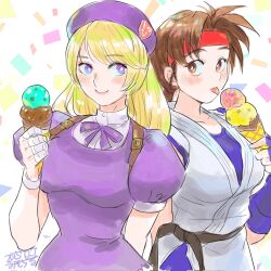 2girls bandaged_fingers bandages beret blonde_hair blush bright_pupils brown_eyes brown_hair commentary_request dated dougi dress fingerless_gloves food gloves hat headband highres ice_cream long_hair looking_at_another misodiru multiple_girls puffy_short_sleeves puffy_sleeves purple_dress purple_gloves purple_hat red_headband shijou_hinako short_sleeves smile the_king_of_fighters tongue tongue_out upper_body violet_eyes white_pupils yuri_sakazaki 