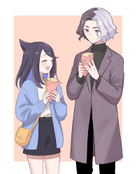  1boy 1girl :d adapted_costume amethio_(pokemon) black_hair black_pants black_skirt black_sweater blue_cardigan blue_hair border cardigan closed_eyes coat crepe food grey_hair height_difference highres holding holding_crepe holding_food liko_(pokemon) long_sleeves miniskirt multicolored_hair oka_3776 open_cardigan open_clothes outside_border pants pink_background pokemon pokemon_(anime) pokemon_horizons purple_coat shirt skirt smile sweater swept_bangs two-tone_hair violet_eyes white_border white_shirt 