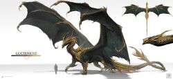  absurdres chasemakouchi dragon full_body highres horns monster monster_focus no_humans original red_eyes reference_sheet simple_background size_comparison tail western_dragon white_background wings 