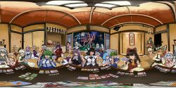  103anon 360_panorama 6+girls absurdres anger_vein animal_ears apron black_hair black_hairband black_hat black_ribbon blonde_hair blue_eyes blue_hair blue_hat blue_kimono bow braid brown_hair card card_game cirno closed_eyes clownpiece crystal crystal_wings daiyousei danmaku danmaku!! detached_sleeves dress fairy fairy_wings flandre_scarlet food fruit fujiwara_no_mokou green_bow green_eyes green_hair grey_hair hair_bow hairband hakurei_reimu hand_fan hat hat_bow hat_ribbon highres holding holding_card holding_fan holding_plate horns ibaraki_kasen ice ice_wings inaba_tewi izayoi_sakuya japanese_clothes kamishirasawa_keine kimono kirisame_marisa kochiya_sanae komainu komainu_ears komainu_girl komano_aunn konpaku_youmu konpaku_youmu_(ghost) lily_white long_hair luna_child maid maid_headdress mob_cap moriya_suwako multiple_girls multiple_hair_bows nurse nurse_cap orange_(fruit) orange_hair panorama photo_(object) pink_hair pink_hat plate purple_bow purple_hair rabbit_ears rabbit_girl rabbit_tail red_eyes reisen_udongein_inaba remilia_scarlet ribbon saigyouji_yuyuko shameimaru_aya shirt short_hair shorts single_braid sitting skirt sparkling_eyes star_sapphire sukuna_shinmyoumaru sunny_milk table tail tokin_hat touhou trading_card twin_braids very_long_hair violet_eyes white_bow white_hat wide_sleeves wings witch_hat wrist_cuffs yagokoro_eirin yakumo_yukari yasaka_kanako yellow_eyes 