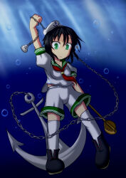  1girl anchor arm_up black_boots black_hair boots bubble chain collared_shirt expressionless floating full_body green_eyes habimujin hat holding holding_chain holding_ladle kneehighs ladle midriff_peek mini_hat murasa_minamitsu neckerchief red_neckerchief sailor_hat shirt short_hair short_sleeves shorts socks solo touhou underwater white_hat white_shirt white_shorts white_socks 