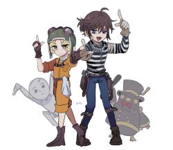  1boy 1girl 1other :d ahoge aviator_cap aviator_goggles blonde_hair bonbon_(identity_v) boots brown_boots brown_eyes brown_gloves brown_hair bruise bruised_eye fang fingerless_gloves gloves half-closed_eye identity_v injury jumpsuit leg_brace looking_at_viewer luca_balsa nt_26 orange_jumpsuit ponytail posing prison_clothes short_hair short_ponytail smile striped_clothes tracy_reznik uneven_eyes 