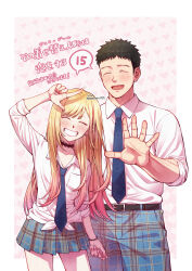  04sora40 1boy 1girl arm_up bead_bracelet beads belt black_belt black_choker black_hair blonde_hair blue_necktie blue_pants blue_skirt blush bracelet choker closed_eyes ear_piercing earrings fake_nails fingernails gojou_wakana grin gyaru heart heart_background highres jewelry kitagawa_marin kogal lace-trimmed_choker lace_trim long_fingernails long_hair long_sleeves maid_headdress mole mole_under_eye multicolored_hair necktie open_mouth pants piercing pink_hair plaid_clothes plaid_pants plaid_skirt pleated_skirt school_uniform shirt short_hair skirt sleeves_rolled_up smile sono_bisque_doll_wa_koi_wo_suru spoken_number tied_shirt translation_request white_shirt 