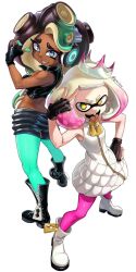  2girls black_boots black_hair boots breasts crop_top crown dark-skinned_female dark_skin dress fingerless_gloves gloves gradient_hair green_eyes green_pantyhose headphones highres inkling laz_gm long_hair mole mole_under_mouth multicolored_hair multiple_girls octoling open_mouth pantyhose pearl_(splatoon) pink_hair pink_pantyhose sleeveless sleeveless_dress smile splatoon_(series) splatoon_2 suction_cups tentacle_hair white_boots white_dress white_hair yellow_eyes zipper_pull_tab 