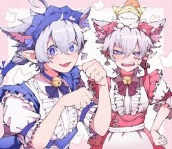  1boy 1girl alisaie_leveilleur alphinaud_leveilleur alternate_costume animal_ears apron bell blue_bow blue_bowtie blue_choker blue_eyes border bow bowtie bright_pupils brother_and_sister cat_ears center_frills choker creature creature_on_head crossdressing crossdressing_(mtf) earrings elezen elf enmaided eyes_visible_through_hair fang final_fantasy final_fantasy_xiv frilled_sleeves frills frown hair_ribbon hand_on_own_hip hands_up highres jewelry kemonomimi_mode looking_at_viewer maid maid_headdress moogle neck_bell open_mouth outside_border paw_pose pink_border pointy_ears red_bow red_bowtie red_choker ribbon siblings single_earring sweatdrop twins upper_body white_apron white_background white_hair white_pupils yukaocchi 