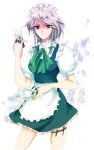  1girl between_fingers izayoi_sakuya knife maid ribbon ribbons short_hair solo touhou unabara_misumi 