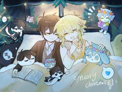  2boys 4boys antenna_hair basil_(faraway)_(omori) basil_(headspace)_(omori) basil_(omori) black_eyes black_hair blanket blonde_hair chinese_commentary closed_eyes closed_mouth colored_skin commentary_request double-parted_bangs flower gongs0313 green_hair hair_between_eyes hair_flower hair_ornament heart highres male_focus merry_christmas multiple_boys omori omori_(omori) open_mouth short_hair simple_background smile speech_bubble spoken_heart spoken_zzz sunny_(omori) white_skin zzz 