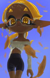  1girl bare_shoulders black_shorts blonde_hair blue_sky colored_eyelashes cropped_sweater dark-skinned_female dark_skin dbwuqldvec82805 earrings falling_petals frye_(splatoon) glasses highres inkling jewelry midriff off_shoulder petals pointy_ears semi-rimless_eyewear short_eyebrows shorts sky solo splatoon_(series) splatoon_3 sweater tentacle_hair tooth_earrings under-rim_eyewear yellow_eyes 