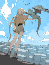  1girl artist_name blue_sky braid braided_ponytail clouds commentary demizu_posuka feathered_wings horns long_hair original pointy_ears short_hair sky tail wings 
