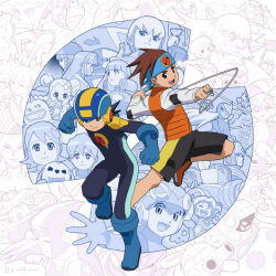  absolutely_everyone arm_cannon bass.exe_(mega_man) battle_chip black_bodysuit black_hair black_shorts blue_bodysuit blue_boots blue_gloves blue_headband blue_helmet bodysuit boots brown_eyes brown_hair chest_jewel clenched_hands cutman.exe eugene_chaud_(mega_man) everyone forehead_jewel full_body gloves gutsman.exe headband helmet iris.exe_(mega_man) jumpsuit lan_hikari_(mega_man) looking_at_another looking_at_viewer mature_female may_(nicoseiga_32709921) mayl_sakurai_(mega_man) meddy.exe_(mega_man) mega_man_(character) mega_man_(series) mega_man_battle_network_(series) megaman.exe netnavi official_style old old_man open_mouth orange_jumpsuit orange_shorts orange_vest ponytail protoman.exe roll.exe_(mega_man) shorts smile spiky_hair vest weapon 