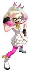 1girl black_gloves boots crown dress fingerless_gloves gloves gradient_hair highres inkling laz_gm mole mole_under_mouth multicolored_hair multiple_girls open_mouth pantyhose pearl_(splatoon) pink_hair pink_pantyhose simple_background sleeveless sleeveless_dress solo splatoon_(series) splatoon_2 tentacle_hair white_background white_boots white_dress white_hair yellow_eyes zipper_pull_tab
