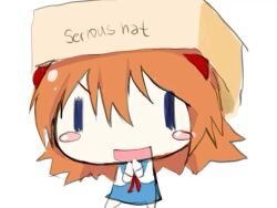  1girl :d blue_skirt blush blush_stickers box canihavepromo cardboard_box chibi chibi_only cropped english hair_ornament hands_together hat lowres medium_hair neon_genesis_evangelion open_mouth orange_hair pale_skin serious_hat shirt short_sleeves simple_background sketch skirt solo souryuu_asuka_langley soyjak soyjak_party text white_background white_shirt white_sleeves |_| 