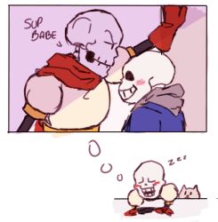  2017 2boys 2d animal annoying_dog armor blue_jacket blush brothers cape closed_eyes digital_media dog dreaming duo english_text gloves grey_hood height_difference hollow_eyes hood hood_down hooded_jacket humanoid jacket kabedon male male_focus male_only monster monster_boy multiple_boys papyrus_(undertale) red_cape red_gloves sans_(undertale) siblings simple_background skeleton sleeping teeth text undead under-siu undertale upper_body utdr_(toby_fox) white_armor white_background white_dog white_fur 