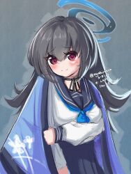  blue_archive blue_haori blue_skirt blush breasts choujigen_game_neptune cosplay grey_hair haori highres japanese_clothes kikyou_(blue_archive) kikyou_(blue_archive)_(cosplay) long_hair medium_breasts neptune_(series) nyahiro red_eyes school_uniform skirt smile tekken_(neptunia) 