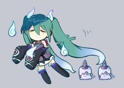 1girl absurdly_long_hair aqua_necktie bare_shoulders black_boots black_skirt black_sleeves blue_outline boots chibi chibi_only closed_eyes closed_mouth collared_shirt detached_sleeves dot_mouth dot_nose double-parted_bangs ghost_miku_(project_voltage) gongs0313 gradient_hair green_hair grey_background hair_between_eyes hatsune_miku litwick long_hair long_sleeves miniskirt multicolored_hair necktie outline pokemon pokemon_(creature) project_voltage purple_shirt purple_trim shirt simple_background skirt sleeveless sleeveless_shirt sleeves_past_fingers sleeves_past_wrists solo_focus standing standing_on_one_leg thigh_boots twintails two-tone_hair u_u very_long_hair vocaloid zettai_ryouiki