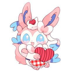  apron blue_eyes blush cherry commentary_request fang food fruit heart highres maaari_pkmn no_humans open_mouth pokemon pokemon_(creature) pokemon_focus simple_background sylveon whipped_cream white_background 