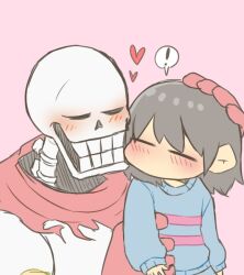  ! 1boy 1other 2018 2d =_= ambiguous_gender armor blue_shirt blue_shorts blush brown_hair cape carrying carrying_person child digital_media double_horizontal_stripe duo frisk_(undertale) gloves hand_on_another&#039;s_head heart height_difference horizontal-striped_clothes human humanoid kamekame627101 kiss male monster monster_boy no_mouth papyrus_(undertale) pink_background pink_stripes red_cape red_gloves shirt short_hair shorts simple_background skeleton spoken_exclamation_mark striped_clothes striped_shirt teeth two-tone_shirt undead undertale utdr_(toby_fox) white_armor 