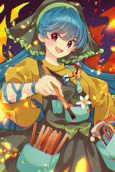  1girl apron arm_ribbon blue_hair blush breasts commentary_request dress fire flower green_apron green_headscarf hammer haniyasushin_keiki headscarf highres holding jewelry katsuragi_atori long_hair looking_at_viewer magatama magatama_necklace necklace open_mouth ribbon single_strap smile solo tools touhou twitter_username very_long_hair white_flower wood_carving_tool yellow_dress 