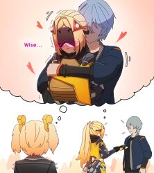 1boy blue_archive burnice_white dorahdew from_behind hug hug_from_behind long_hair medium_hair multiple_girls short_hair thought_bubble trigger_(zenless_zone_zero) visor wise_(zenless_zone_zero)