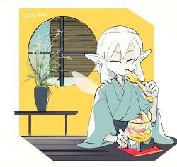  aqua_kimono closed_eyes dessert eating final_fantasy final_fantasy_xiv food fruit japanese_clothes kimono medium_hair plant pointy_ears potted_plant solo table vase wide_sleeves wooden_table yabuka_shiwa 