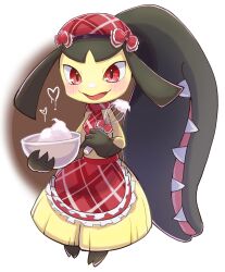 absurdres apron blush bow full_body hat hat_bow heart highres looking_at_viewer mawile mixing_bowl pokemon pokemon_(creature) pokemon_cafe_remix red_eyes red_hat smile standing tkc_(user_snjd8547) whipped_cream whisk white_background
