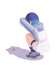  1girl blue_hair blue_hoodie blue_shoes cat cat_shadow_puppet_(meme) from_behind gradient_hair hair_ornament highres hood hoodie loose_socks medium_hair meme multicolored_hair overalls platform_shoes shadow shoes simple_background sneakers socks solo squatting thigh_strap tsubu_(kappunioyu562) tsumugi_kokage virtual_youtuber vspo! w white_background white_overalls 