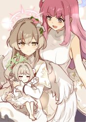  3girls :d angel_wings baby blonde_hair blue_archive blush braid breasts carrying carrying_baby carrying_person crown_braid crying dress family feathered_wings frilled_dress frills hair_intakes halo happy highres holding holding_scroll ideolo if_they_mated long_hair long_sleeves medium_breasts mika_(blue_archive) miyo_(blue_archive) mother_and_daughter multiple_girls nagisa_(blue_archive) pink_hair scroll sleeveless sleeveless_dress smile translation_request white_dress white_wings wife_and_wife wings yellow_eyes yuri 
