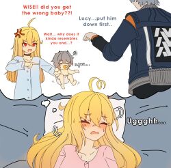 1boy 1girl baby dorahdew dreaming long_hair luciana_de_montefio nightmare short_hair wise_(zenless_zone_zero) zenless_zone_zero