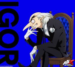  artist_request balding black_pants black_ribbon blue_background character_name commentary_request copyright_name crossed_legs gloves highres igor_(persona) looking_at_viewer neck_ribbon official_art old old_man pants persona persona_5 persona_5:_the_phantom_x pointy_ears pointy_nose profile ribbon second-party_source simple_background sitting smile suit teeth white_gloves 