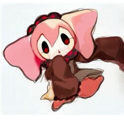 1girl :o blush brown_sleeves canihavepromo charlotte_(madoka_magica) creepy female female_focus highres long_sleeves mahou_shoujo_madoka_magica no_humans open_mouth polka_dot red_eyes simple_background sketch sleeves_past_fingers sleeves_past_wrists solo solo_focus white_background witch_(madoka_magica)