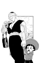  1boy 1girl absurdres artist_name bag blush_stickers cellphone child dougi dragon_ball dragon_ball_super dragon_ball_super_super_hero eating elbow_carry fenyon greyscale handbag hat highres holding holding_bag holding_hands holding_phone kindergarten_uniform monochrome pan_(dragon_ball) penenko phone piccolo pointy_ears sash school_hat short_hair smile turban very_short_hair 