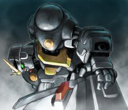 aniki_gunsou armor bent_over bolt_gundam fog from_side g_gundam getting_up glowing glowing_eye green_eyes gundam joints mecha no_humans no_pupils open_hands robot robot_joints shoulder_armor v-fin 