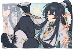  1boy 1girl absurdres arknights black_gloves black_pants crossover double-parted_bangs e.g.o_(project_moon) gloves grin hair_between_eyes half_updo highres hong_lu_(project_moon) limbus_company ling_(arknights) long_hair lopi male_focus necktie one_eye_closed pants project_moon shoes sidelocks smile solo_focus to_remain_oneself_(e.g.o) white_shoes yellow_necktie 