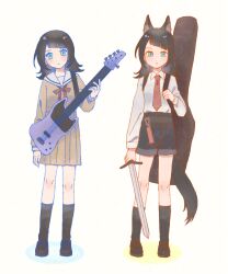  2girls animal_ear_fluff animal_ears arknights bang_dream! bang_dream!_it&#039;s_mygo!!!!! bass_guitar black_hair black_shoes black_shorts black_socks blue_eyes brown_dress chinese_commentary closed_mouth collared_shirt commentary_request dress dual_persona full_body hanasakigawa_school_uniform highres holding holding_instrument holding_sword holding_weapon instrument instrument_case kemonomimi_mode loafers long_hair long_sleeves looking_at_viewer medium_hair multiple_girls neck_ribbon necktie ni_zai_zhi red_necktie red_ribbon ribbon sailor_dress school_uniform shirt shoes shorts simple_background socks standing sword tail weapon white_background white_shirt winter_uniform wolf_ears wolf_girl wolf_tail yahata_umiri yahata_umiri_(moonlight_executioner) 